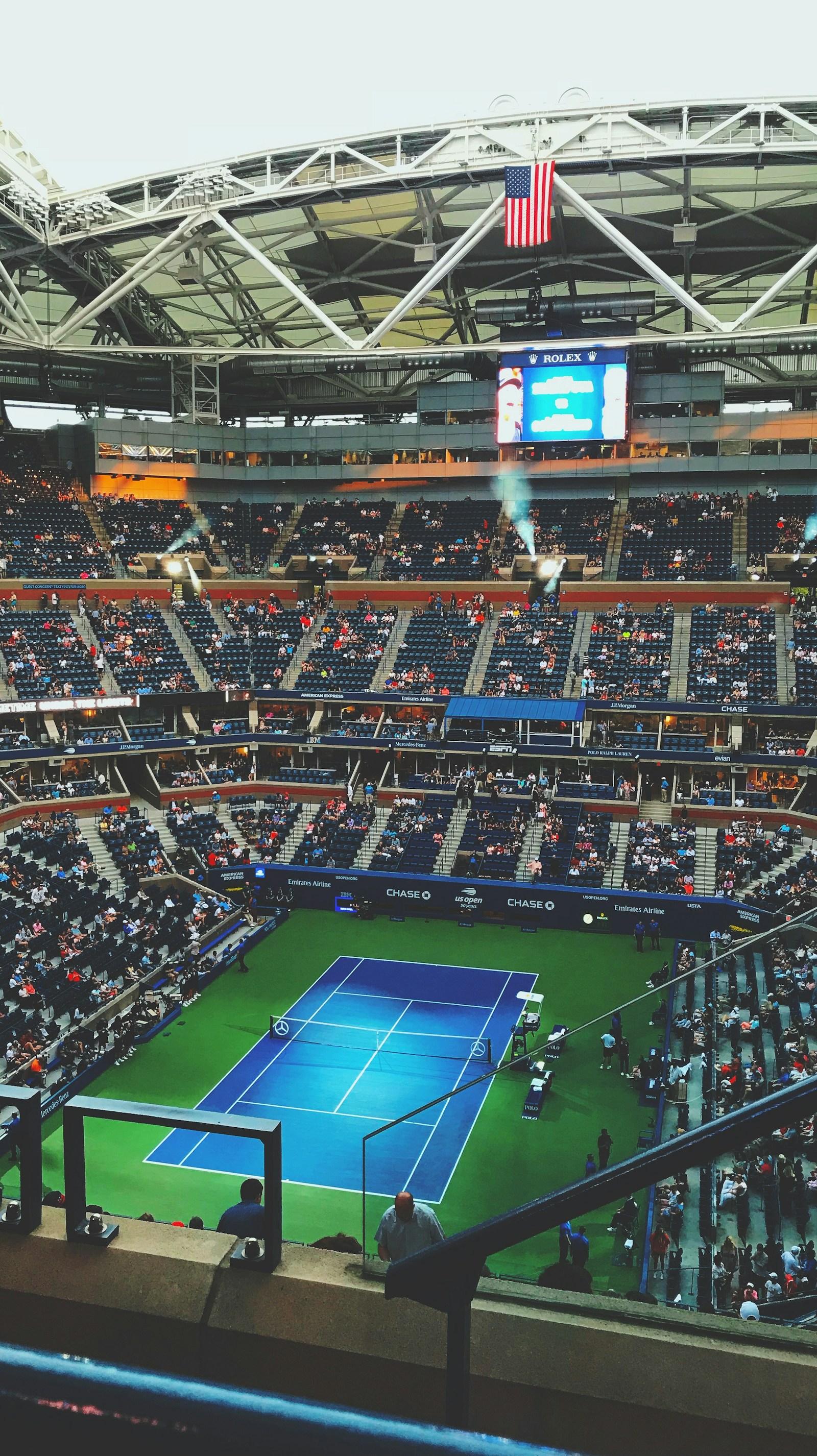 Centre court inside a major tennis stadium
