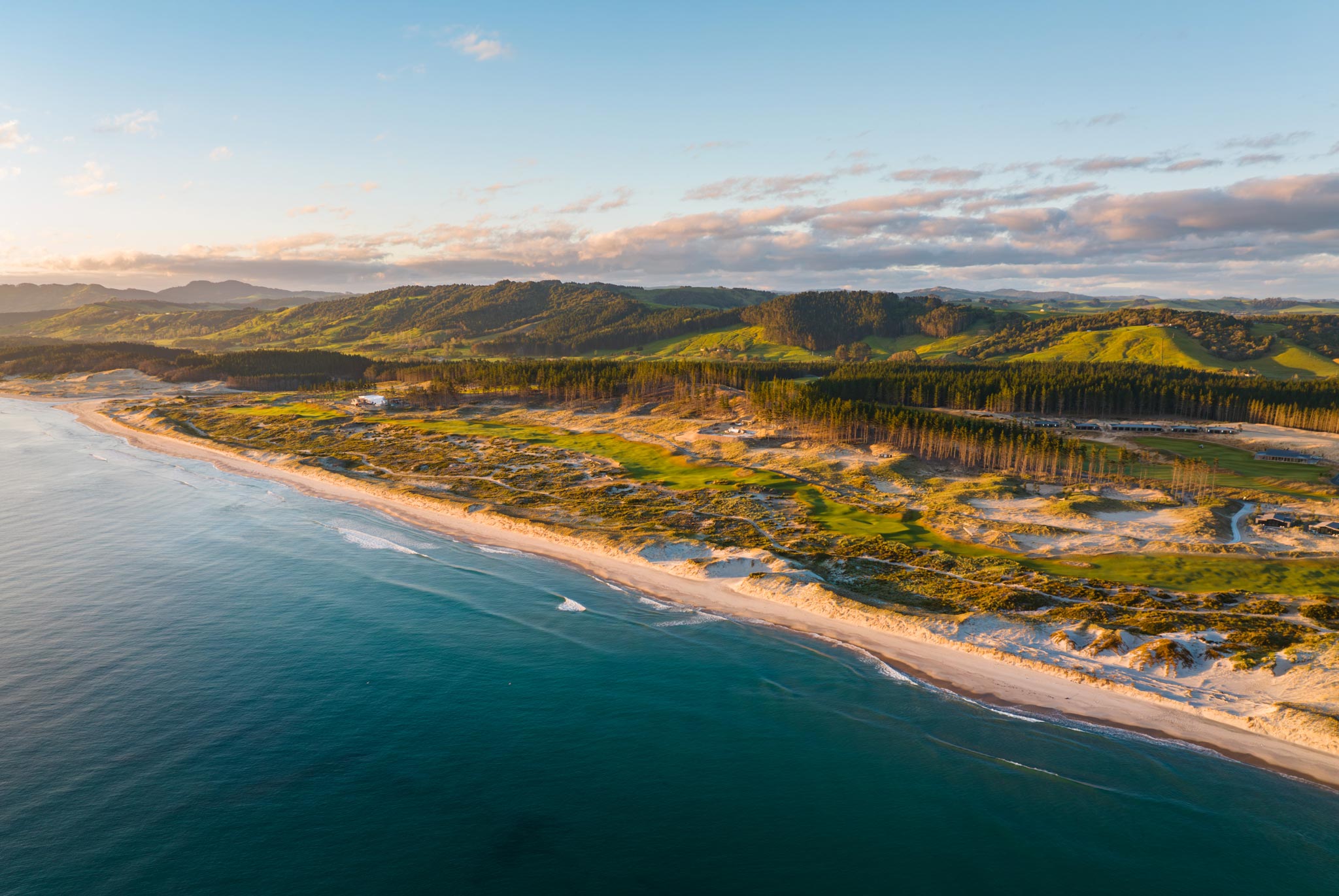 Aerial view of Te Arai Links South Course along the Pacific coastline