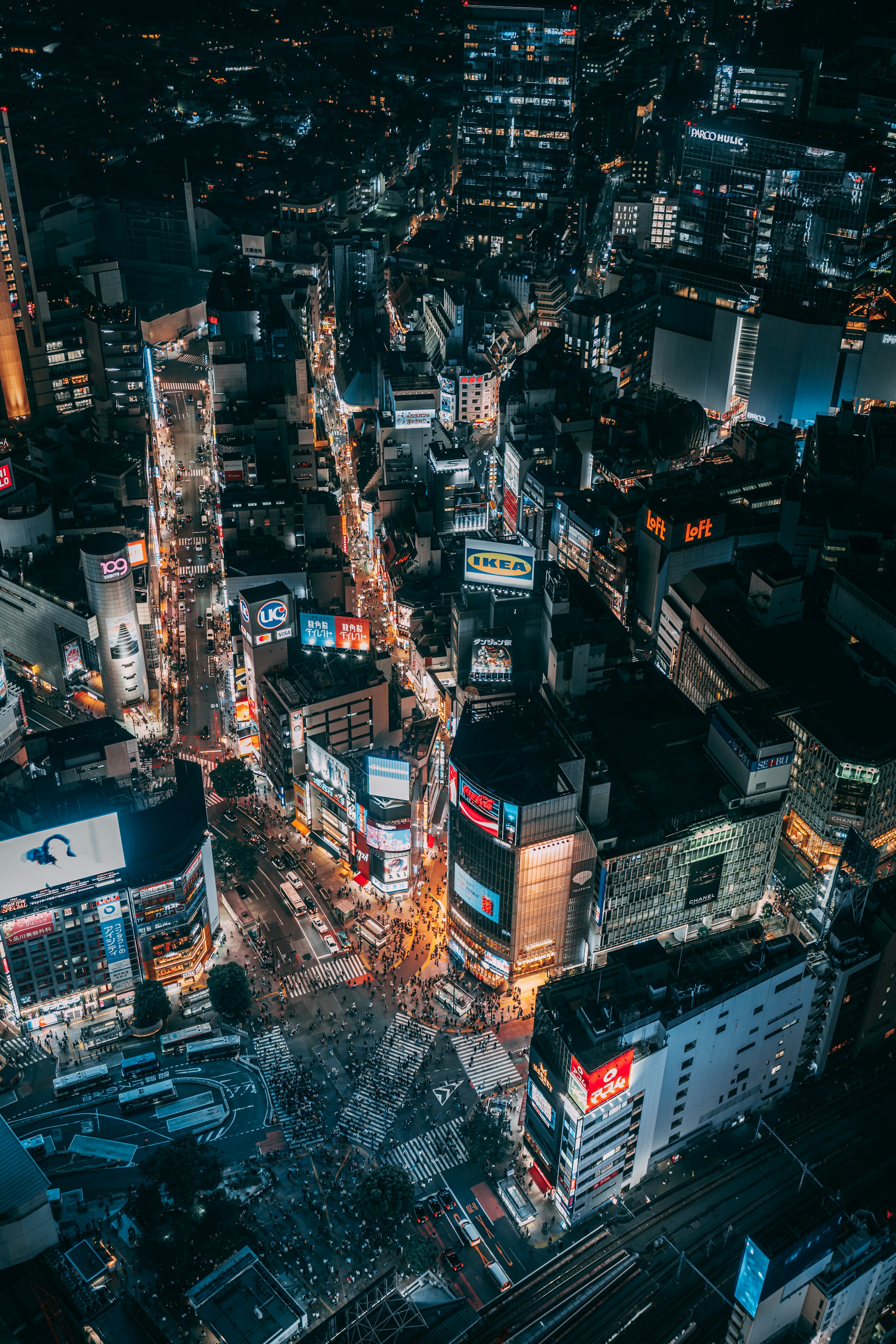 Shibuya and central Tokyo illuminated at night